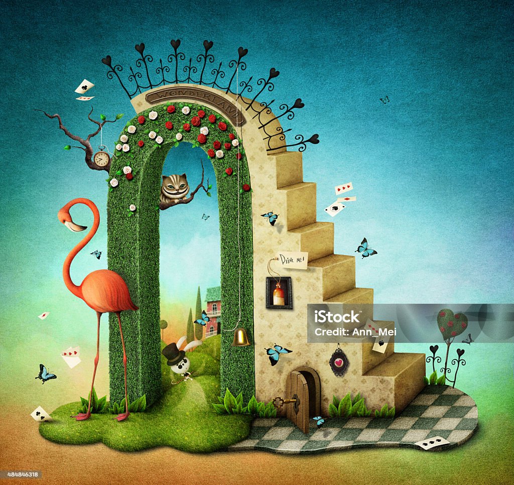 Arch with stairs Illustration or poster with  stairs and green arch with fabulous items. Computer graphics. Alice in Wonderland - Fictional Character stock illustration