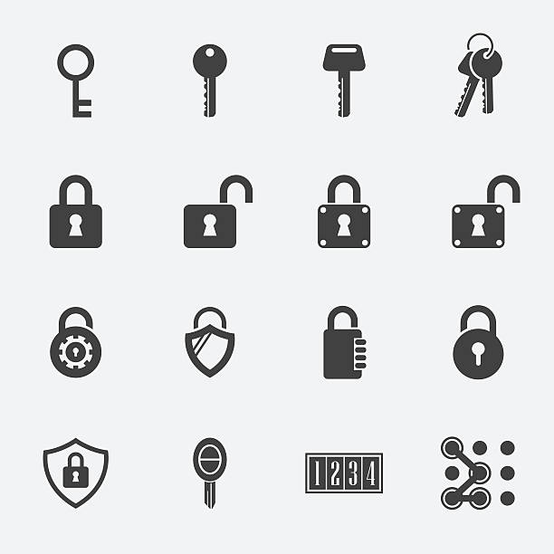 illustrazioni stock, clip art, cartoni animati e icone di tendenza di chiavi piatte icone vettoriali - security equipment illustrations