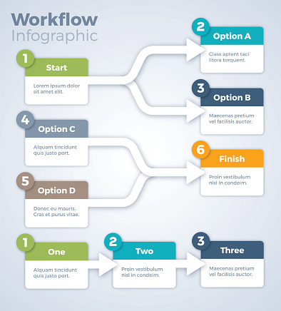 Workflow, steps and process infographic with space for your content or copy. EPS 10 file. Transparency effects used on highlight elements.