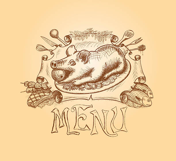 wektor rękę wyciągnąć tytuł projektu menu - kebab apple pork bacon stock illustrations