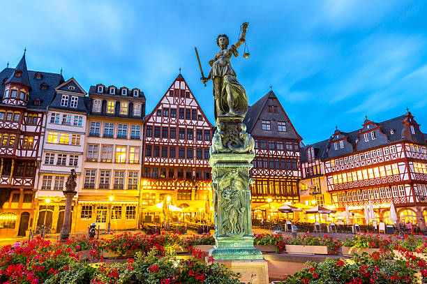 Town square romerberg Frankfurt Germany old town square romerberg with Justitia statue in Frankfurt Germany hanover germany stock pictures, royalty-free photos & images