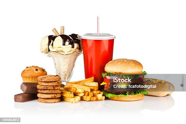 Unhealthy Food Isolated On White Background Stock Photo - Download Image Now - Unhealthy Eating, Take Out Food, White Background