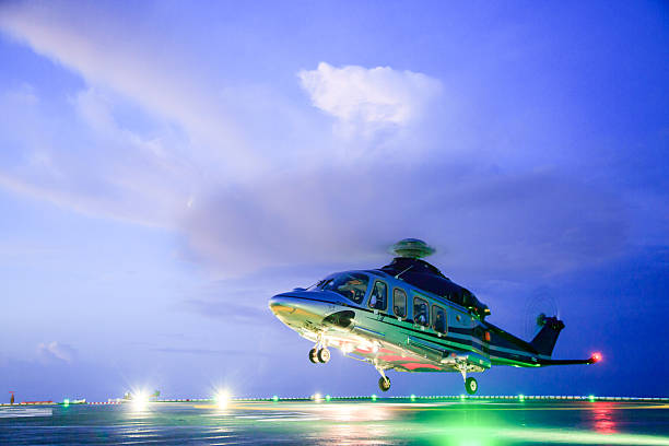 helicopter parking landing on offshore platform. Helicopter transfer crews stock photo