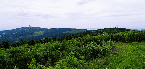 View over the Ore Mountains from Mount Fichtelberg to Mount Klinovec