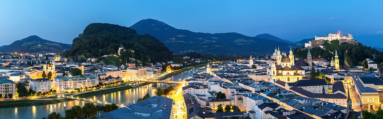 Panorama of Salzburg at sunset, Austria. View from observation point at the Monchsberg mountain.