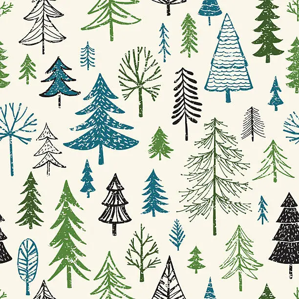 Vector illustration of Hand Drawn Christmas/Holiday Trees Pattern