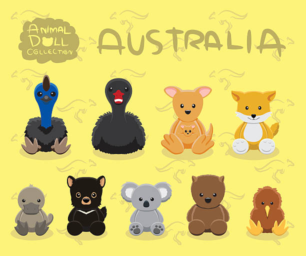 Animal Dolls Australia Set Cartoon Vector Illustration Cute Animal Dolls Collection duck billed platypus stock illustrations