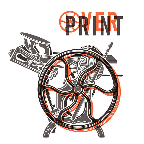 활판 인쇄 overprint 벡터 디자인식. 빈티지 printshop 로고. 늙음 인쇄 발행기 - flywheel stock illustrations