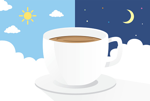 Coffee cup on cloud at day and night background. This is illustration about drink coffee .