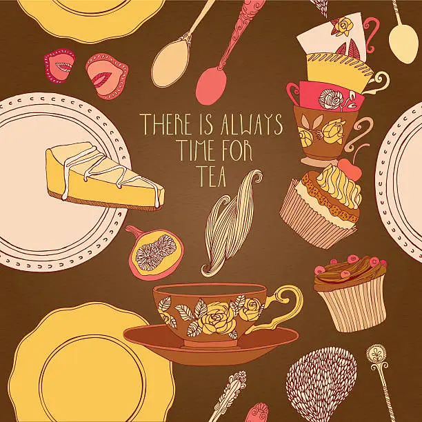 Vector illustration of Sweet food pattern. Tea, cupcake, fruits, berries.