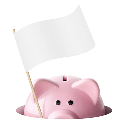 Piggy bank with a white flag of surrender.