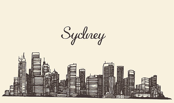 z widokiem na panoramę sydney grawerowane strony ciągnione szkic - sydney australia skyline city australia stock illustrations