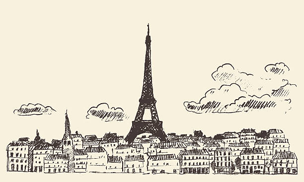 프랑스 파리 스카이라인 에필 스케치 그린 벡터 - paris france eiffel tower tower retro revival stock illustrations