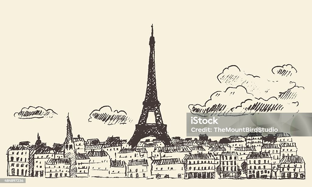 Paris skyline France eiffel sketch drawn vector Paris skyline France vintage engraved illustration hand drawn Eiffel Tower - Paris stock vector