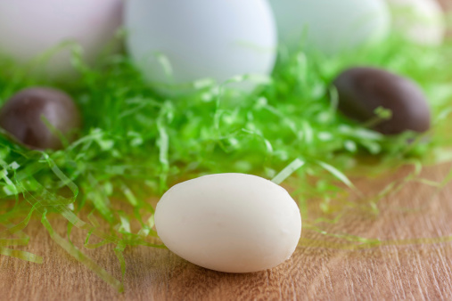 Chocolate, White Chocolate, and colored Easter Eggs in a Green grass nest.