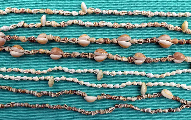 Cowrie shell necklaces with a blue background (symbol of money and wealth)