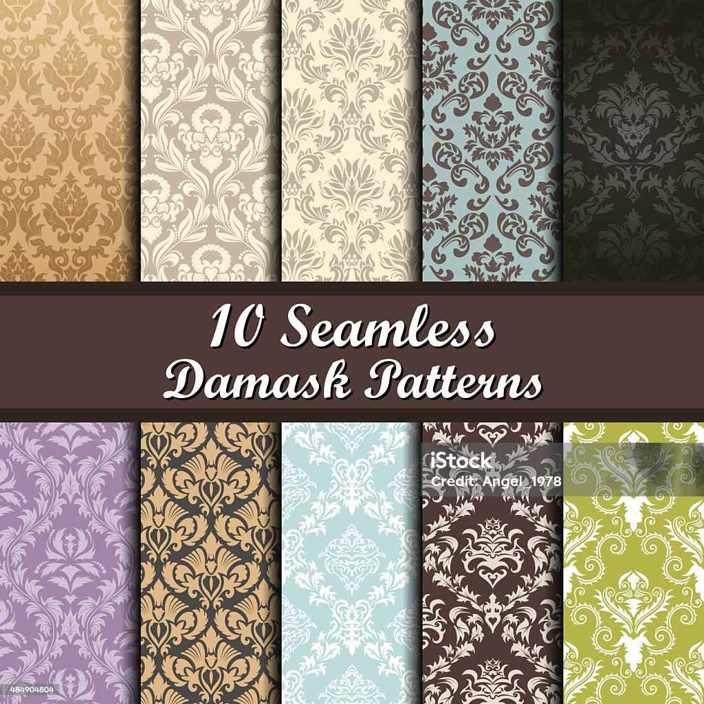 Set of  Damask Seamless Patterns Set of Ten Damask Seamless Patterns design Rococo Style stock vector