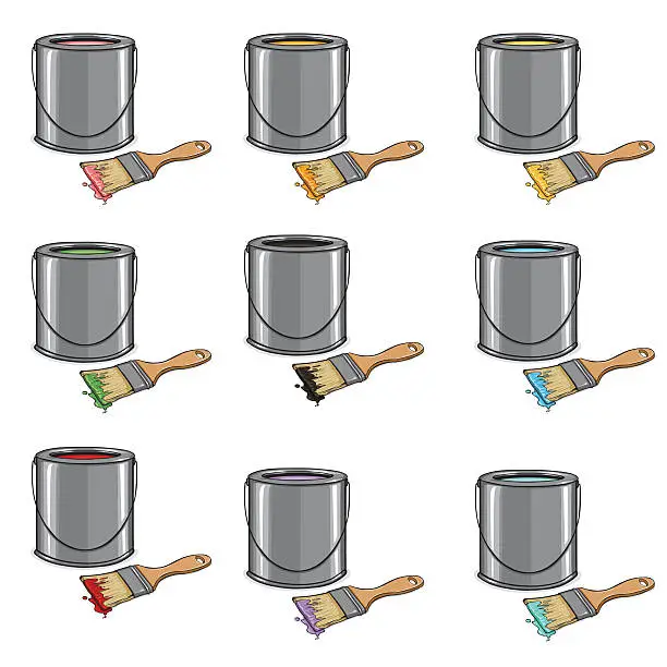 Vector illustration of Vector Set of Cartoon Color Paint Cans and Brushes