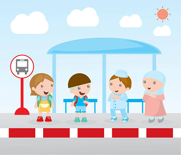 illustrations, cliparts, dessins animés et icônes de illustration des étudiants à l'arrêt de bus, - bus child waiting education