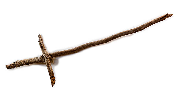istock Toy wooden handmade sword on white background. 484909202