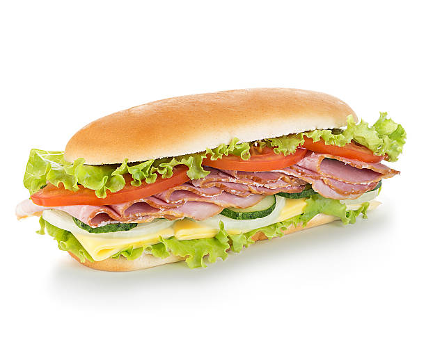 royal-sandwich, isoliert auf weißem hintergrund - sandwich bacon lettuce and tomato delicatessen bacon stock-fotos und bilder