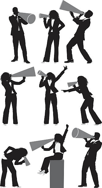 ilustrações, clipart, desenhos animados e ícones de empresários e businesswomen com cornigera - cheering men shouting silhouette