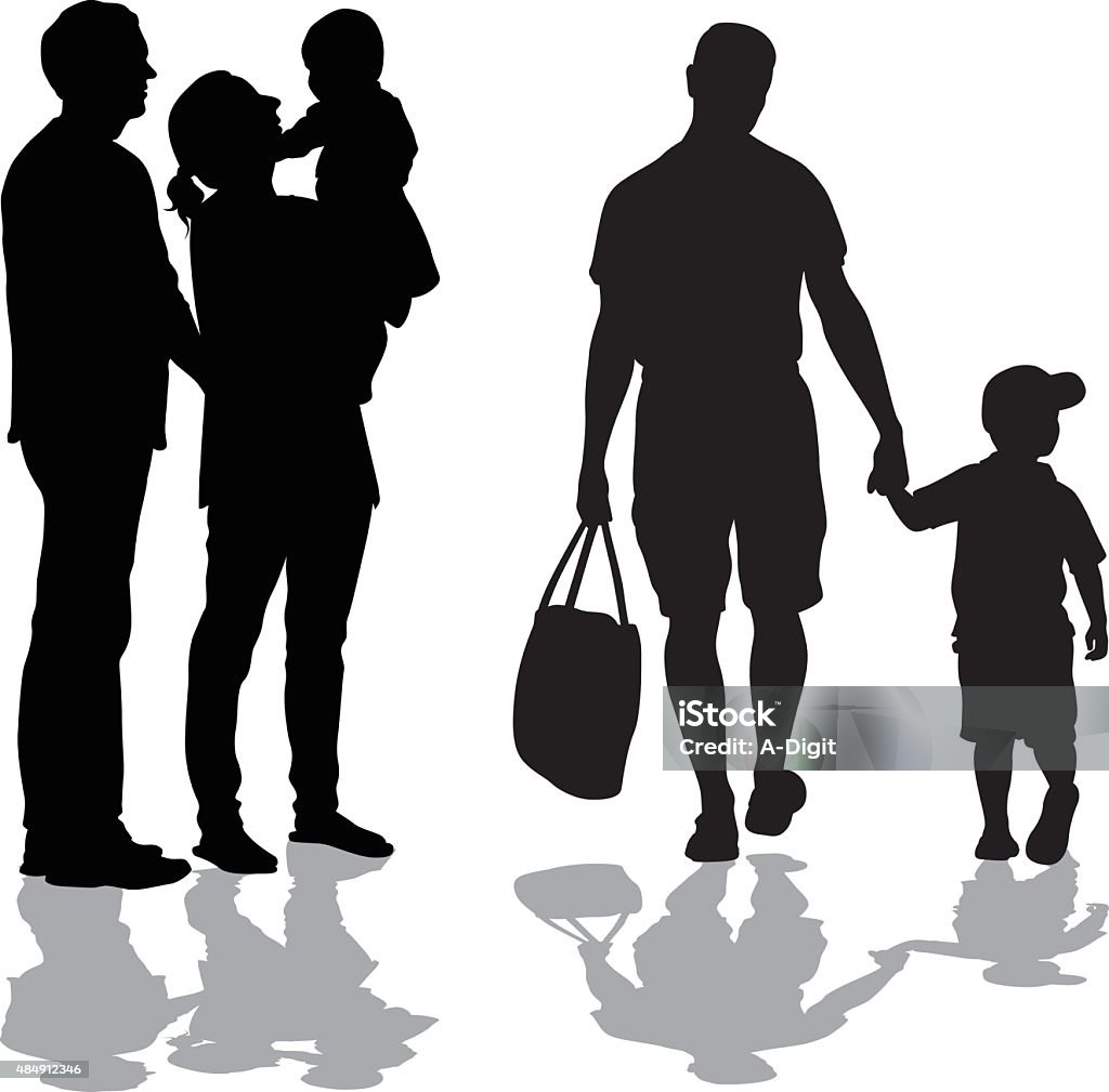 Years Go By With Children A vector silhouette illustration of two families.  Two parents, a mother and father, hold up their baby.  A father holds hands with his young son. Family stock vector