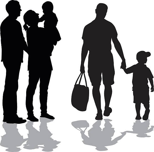 Years Go By With Children A vector silhouette illustration of two families.  Two parents, a mother and father, hold up their baby.  A father holds hands with his young son. family silhouettes stock illustrations
