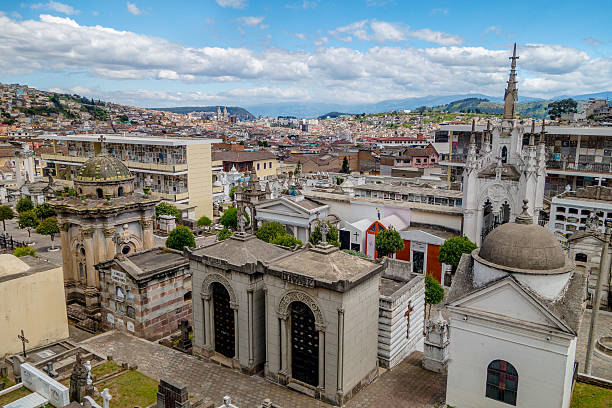 San Diego cemetary in old part Quito showing great overview of city background.