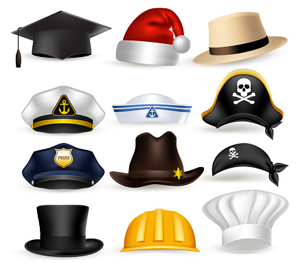 Set of 3D Realistic Professional Hat and Cap for Police, Chef, Pirates, Magician, Christmas and Casual Isolated in White Background. Vector Illustration