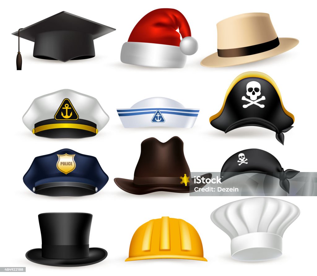 Set of 3D Realistic Professional Hat and Cap Vector Illustration Set of 3D Realistic Professional Hat and Cap for Police, Chef, Pirates, Magician, Christmas and Casual Isolated in White Background. Vector Illustration Hat stock vector