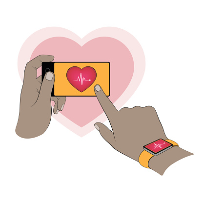 A pair of hands holds a smart phone, a smart watch is worn on the wrist displaying an electrocardiogram graph. The pulse rate or heart beat is inside a heart shape on the phone screen, a finger touches the phone.