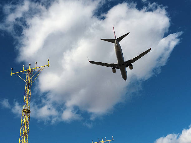 istock airplane landing over landing lights 484924744