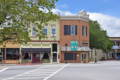 Historick downtown business district with building facades in Clarkesville, Georgia.