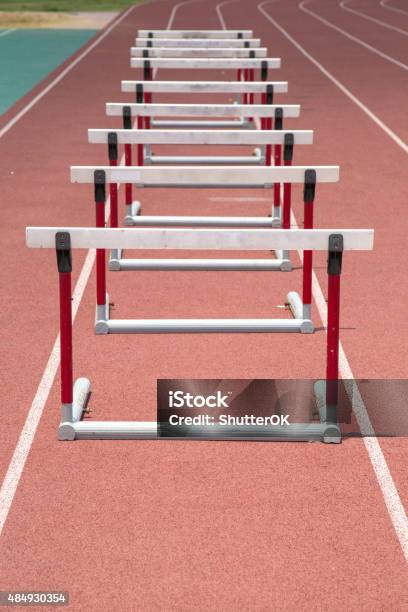 Hurdles On The Red Running Track Prepared Stock Photo - Download Image Now - Hurdle, Hurdling - Track Event, Boundary