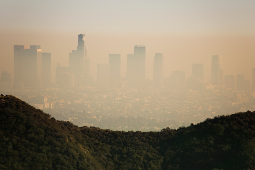 Downtown Los Angeles covered in a layer of smog.