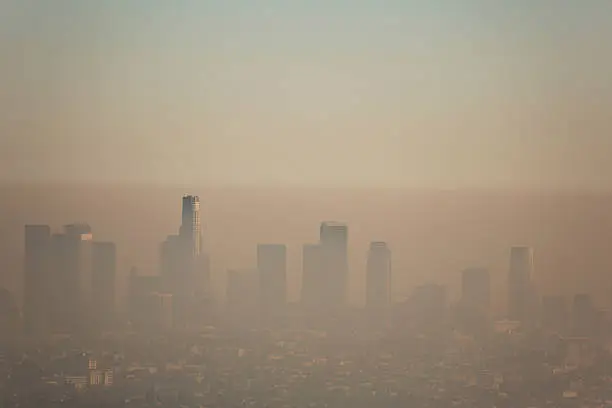 Downtown Los Angeles covered in a layer of smog.