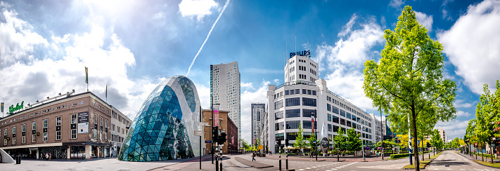 Eindhoven, Netherlands- May 24, 2015: Panoramic view of the old Philips factory building and modern futuristic architecture in the city centre of Eindhoven. Western Europe