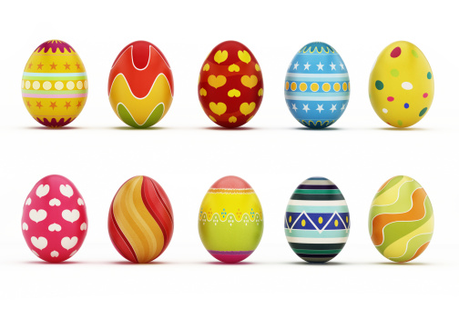 10 easter eggs with clipping paths isolated on white.
