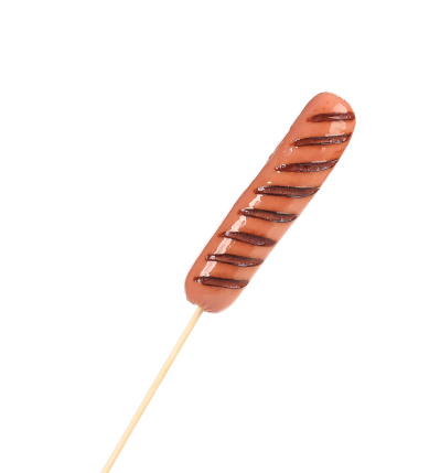 Grilled sausage on a skewer. Isolated on a white background.
