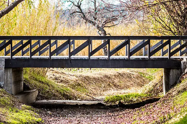 Photo of horizontal bridge over dry river plein of leaf