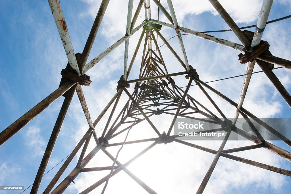 View from inside telecommunication tower with antennas. 2015 Stock Photo