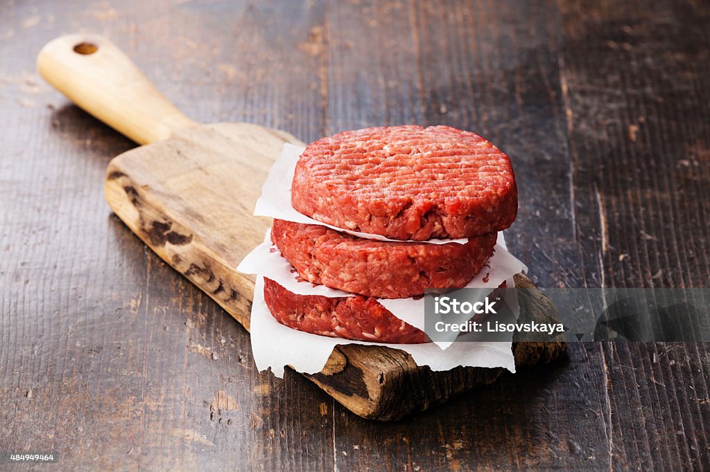 Raw Ground beef meat Burger steak cutlets Raw Ground beef meat Burger steak cutlets on cutting board on dark wooden background Burger Stock Photo