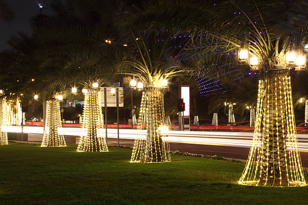 istock Illuminated palm trees in Doha. Qatar 484949597