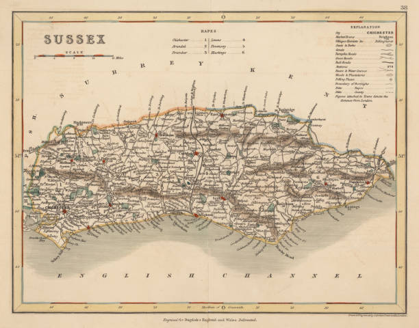 рука цветные antique map of суссекс англия - sussex stock illustrations