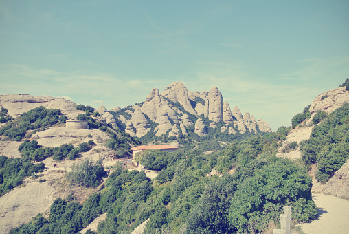 Montserrat mountain, Barcelona on a sunny day; retro style