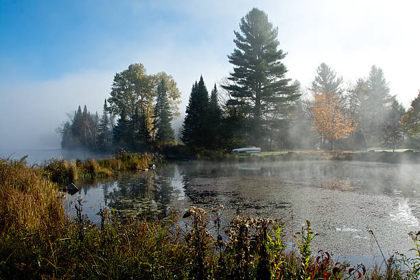 névoa da manhã em um lago de vermont - adamant mountains - fotografias e filmes do acervo