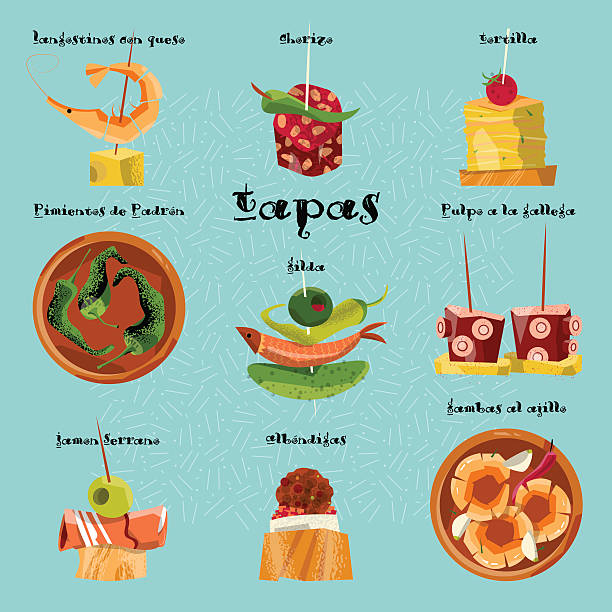 illustrazioni stock, clip art, cartoni animati e icone di tendenza di spuntino tradizionale spagnola. selezione di tapas. - spanish olive