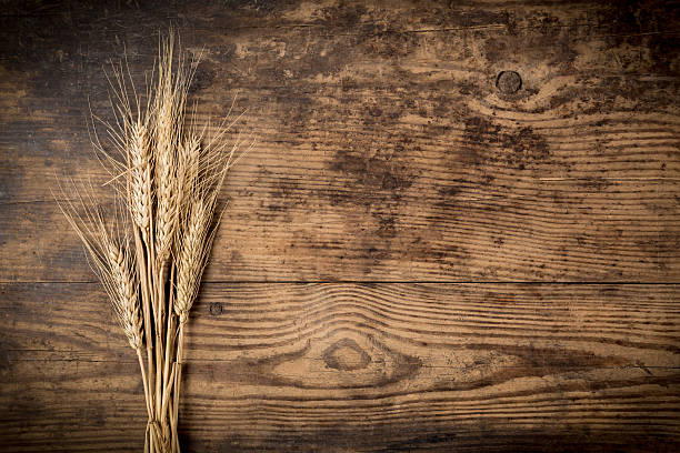 fascio di grano su sfondo in legno - wheat bundle bouquet food foto e immagini stock