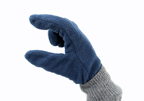 hand with polar glove making the symbol of pick up on white background